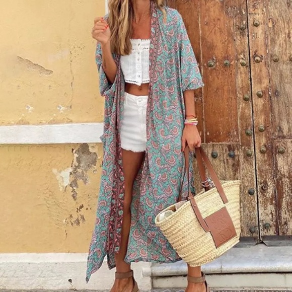 Paisley Retro Floral Kimono Duster Wrap - Picture 2 of 4